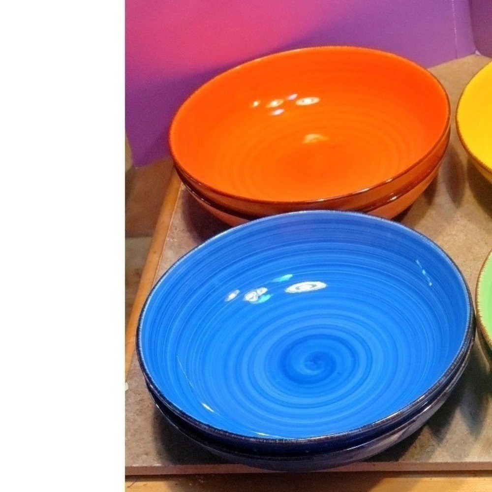 Set of 2 Vibrant Multicolor Stoneware Pasta Bowls 8.5" Blue Orange
